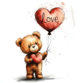 A cute teddy bear holding heart and balloon with word Love expresses warmth and affection