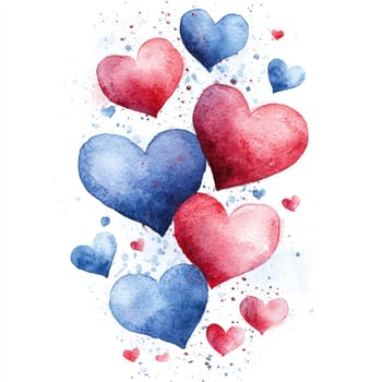 A Colorful watercolor hearts in red and blue scattered with confetti