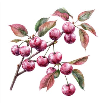 A Fresh cherry branch with vibrant pink fruits and green leaves, perfect for adding touch of nature to your design