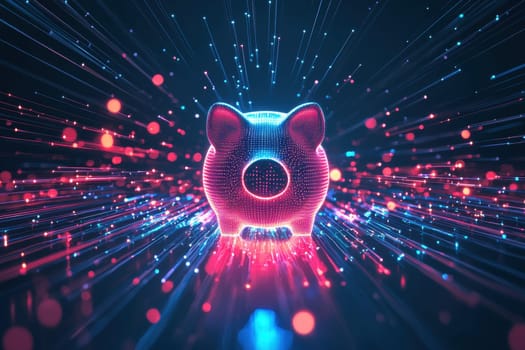 A mesmerizing digital piggy bank shines in vibrant neon colors, surrounded by flowing light trails, symbolizing financial growth and modern technology.