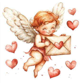 A Cute cupid flying with love letter surrounded by hearts, expressing joy and affection. Perfect for Valentine Day themes