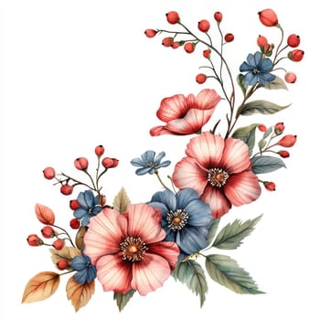 A Beautiful arrangement of watercolor flowers featuring pink and blue blooms, complemented by green leaves and berries, perfect for decoration