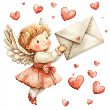 A cute angel character flying with love letter surrounded by hearts, perfect for Valentine Day