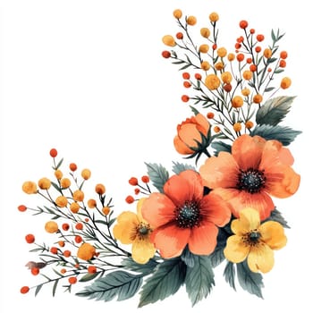 A Beautiful arrangement of watercolor flowers in vibrant colors, featuring orange and yellow blooms with delicate foliage, perfect for decoration