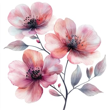 A Delicate pink flowers with soft petals and gentle leaves create serene atmosphere. Perfect for adding touch of elegance to any design