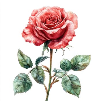A beautiful single rose with vibrant red petals and lush green leaves, symbolizing love and passion. Perfect for romantic occasions