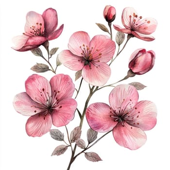 A Delicate pink flowers with soft petals and green leaves create serene atmosphere. Perfect for romantic themes and artistic designs