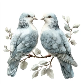 A Soft gray doves perched on branch, showcasing delicate feathers and serene expressions. beautiful representation of love and harmony