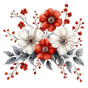 A Beautiful red and white floral arrangement with delicate leaves and berries, perfect for adding touch of elegance to any design