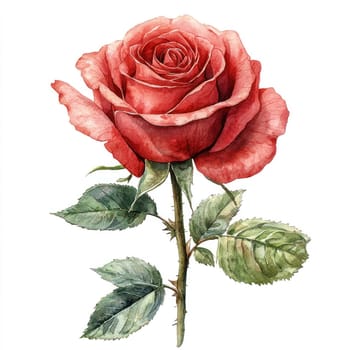 A beautiful single red rose with green leaves, symbolizing love and passion. This watercolor artwork captures delicate details and vibrant colors