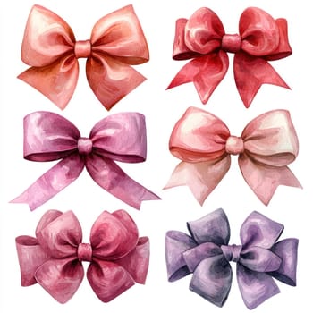 An Elegant watercolor bows in various shades of pink and red, perfect for decorations and gifts