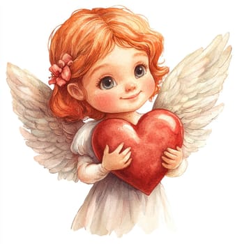 An Angel with red heart, cute child, wings, joyful expression, love symbol, Valentine Day theme, soft colors, gentle