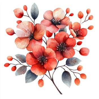 A vibrant watercolor floral bouquet featuring red and pink flowers, with delicate leaves and buds, perfect for romantic occasions