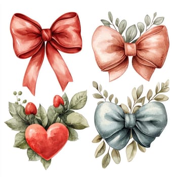 An Elegant watercolor ribbons and bows with floral accents, perfect for Valentine Day decor