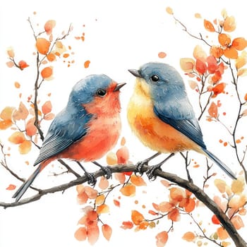 A Watercolor birds couple perched on branch with leaves, expressing love and harmony in nature