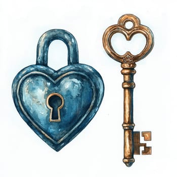 A heart shaped lock and key in antique style, symbolizing love and connection. intricate details evoke sense of nostalgia and romance