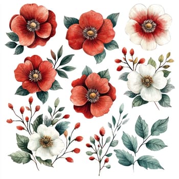 A Beautiful floral watercolor clipart featuring red and white flowers, perfect for various design projects