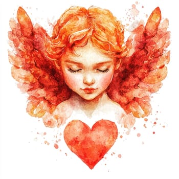 A serene angel with red wings and heart, perfect for Valentine Day