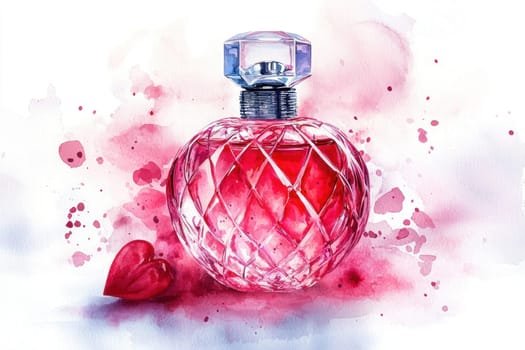 A beautiful perfume bottle with heart shaped accent, surrounded by watercolor splash of pink hues, evokes feelings of love and elegance