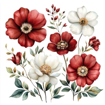 A Beautiful red and white floral watercolor arrangement with leaves and buds. Perfect for Valentine Day or romantic themes