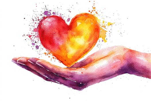 A delicate hand holding vibrant heart, showcasing love and warmth through watercolor art