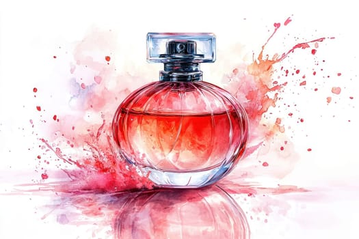 An Elegant perfume bottle with watercolor splash, showcasing beauty and allure
