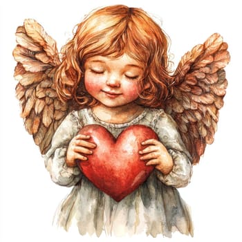 A sweet angelic child with curly hair holds red heart, radiating love and warmth. This charming scene captures essence of affection and innocence