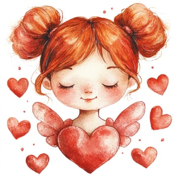 A Cute girl with red hair and angel wings surrounded by hearts, perfect for Valentine Day