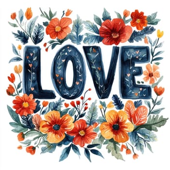 A Colorful floral arrangement with word LOVE in bold letters, expressing affection and warmth through vibrant hues and nature beauty