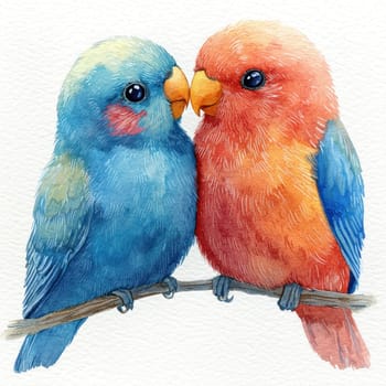 A Sweet watercolor painting of blue and orange bird couple expressing love