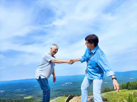 Two friends meet and shake hands at a mountain summit, enjoying the vast landscape and bright sky during a sunny day.