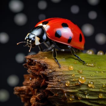 A vibrant ladybug sits on a brown branch adorned with water droplets. The dark, bokeh background enhances the striking red and black colors of the insect, creating a captivating view.
