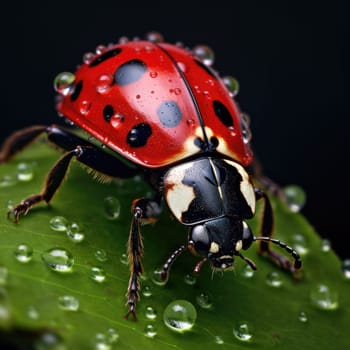 A bright red ladybug sits on a green leaf, covered with tiny water droplets. The intricate details of the ladybugs spots and body are highlighted, showcasing its beauty in a natural setting.