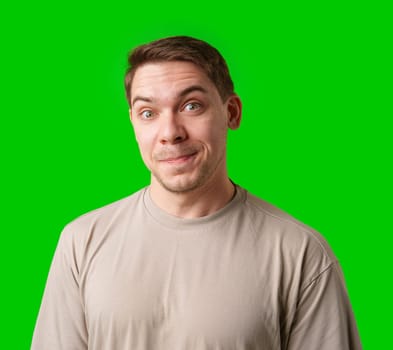 Smiling man in a beige shirt poses against a bright green background in studio