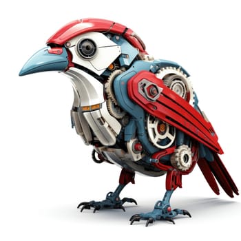 An innovative mechanical bird sculpture stands proudly, displaying a mix of metal gears and vibrant colors. This artistic prototype captures the imagination with its unique design and craft.