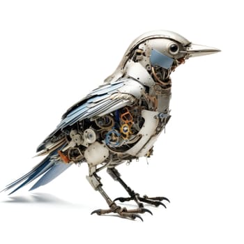 This captivating sculpture of a robotic bird blends artistry and engineering, showcasing detailed mechanical components. It stands gracefully, inviting admiration for its creative craftsmanship.