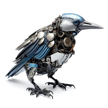 A beautifully crafted robot bird stands as a testament to innovative artistry, combining metal textures and mechanical elements.