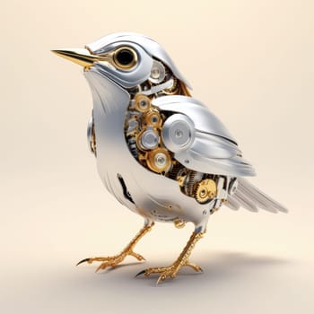 Crafted from gleaming metal and intricate gears, this robotic bird sculpture stands elegantly on display. Its unique design blends art and technology, highlighting the future of robotics.