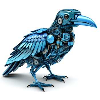 A stunning sculpture of a robotic bird stands on display, crafted with meticulous attention to detail. Its vibrant blue color and complex mechanical features highlight the artistry in modern robotics.