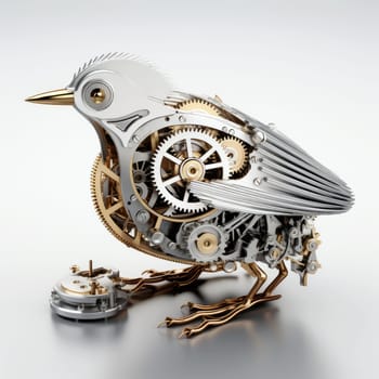 Delicate metal bird crafted with precision, featuring visible gears and elegant design. This mechanical toy prototype stands as a testament to modern robotics and artistic innovation.