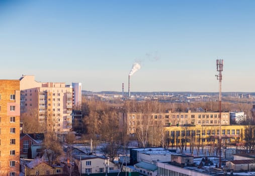 Typical eastern european city seen trough window at winter