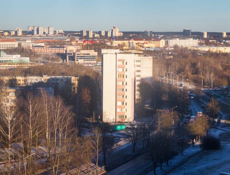 Typical eastern european city seen trough window at winter