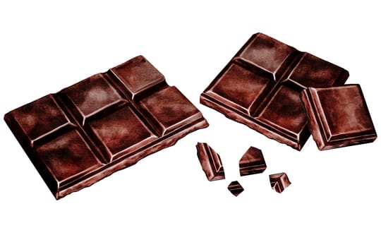 Chocolate bar watercolor set. Hand drawn slice of dark chocolate bar on isolated white background. Clip art of sweet dessert. Ideal for logo and packaging of sweets, coffee shop menu and recipes. High quality illustration