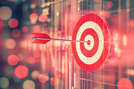 A red arrow is shot through a white bullseye. Concept of focus and determination, as the arrow represents a goal or target to be achieved