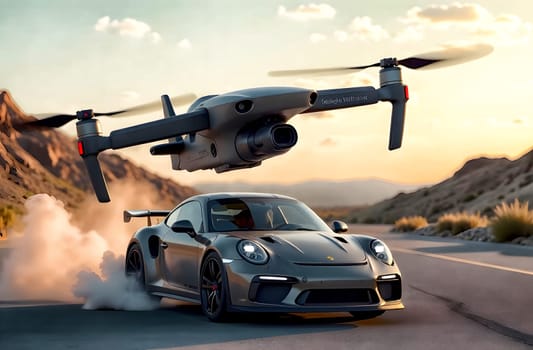 A drone hovers above a sleek sports car kicking up dust as it speeds along a desert road, capturing the excitement of modern technology at sunset.