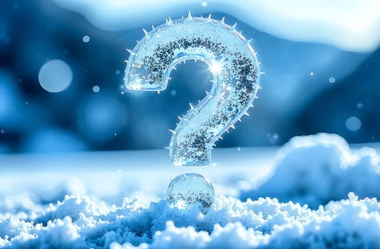 A crystalline question mark stands out amid white snow, capturing light and symbolizing curiosity about problems and potential solutions.