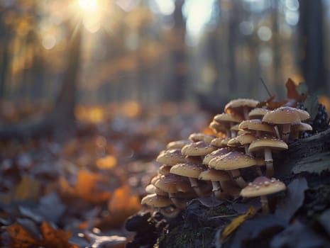 Red and white spotted fly agaric mushrooms growing in the grass by a tree trunk, illuminated by warm sunlight shining through the trees