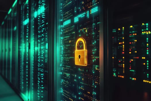 A computer server room with a large green screen and a yellow lock on it. The lock is surrounded by a green border and is the center of attention. The room is filled with many computer servers