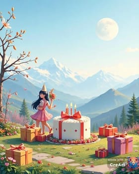 anime girl holiday birthday cake. High quality illustration