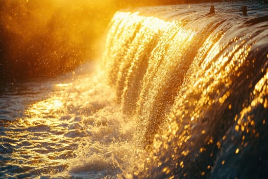 A waterfall with a bright orange sun in the background. The water is crashing down and creating a misty atmosphere